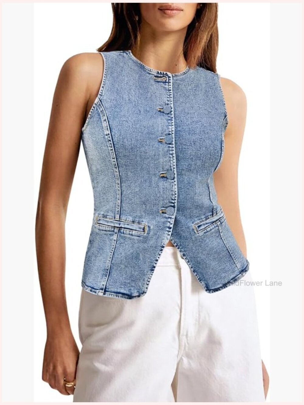 Button Down Denim Vest Sleeveless Fitted Jean Tank Top Summer Trendy Casual